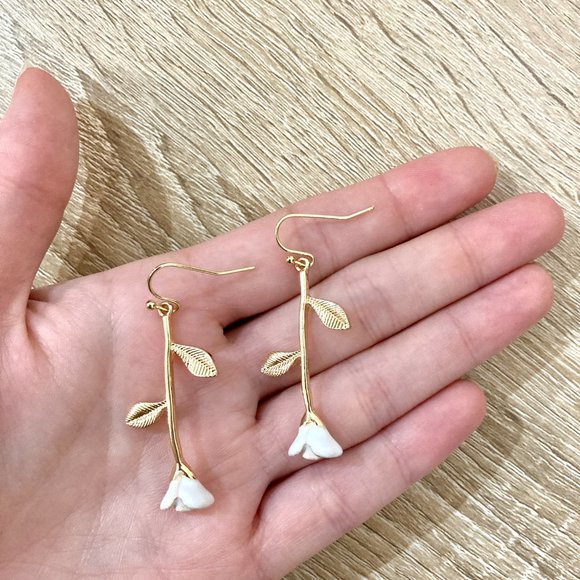 White Rose Stem Leaflet Drop Dangle Gold Earrings - Picture 3 of 8